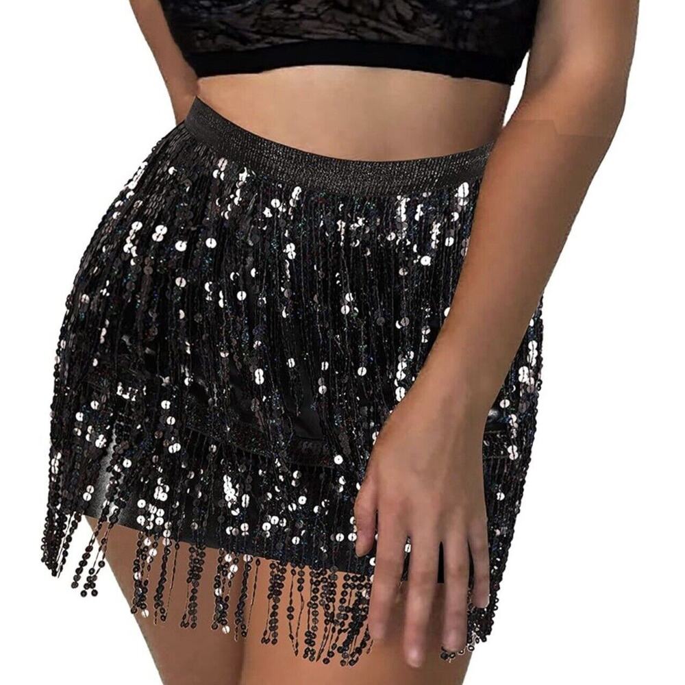 Rave‎ Skirt Space Cowgirl Costume Black Metallic Sequin Fringe Size 16